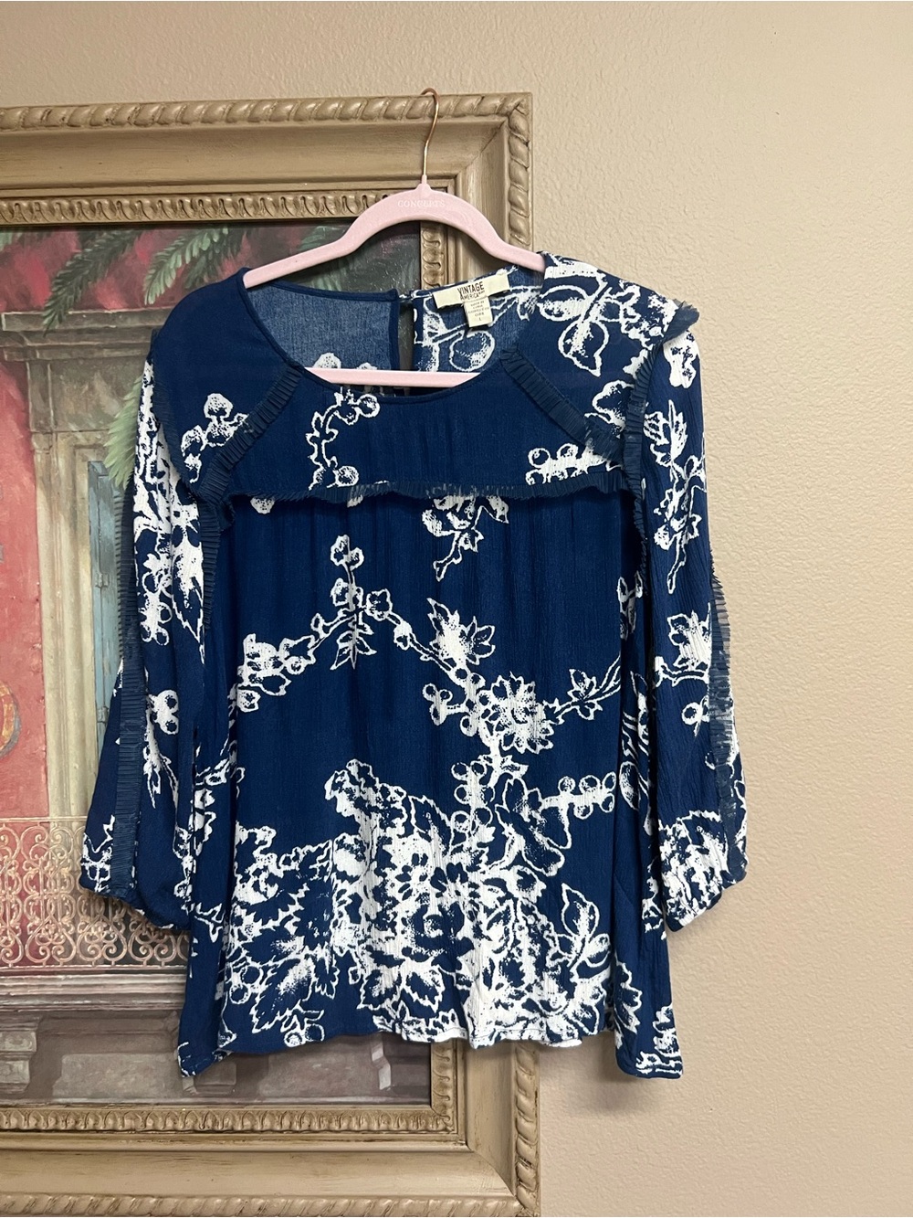 Vintage America Blues Floral Ruffle-Yoke Blouse